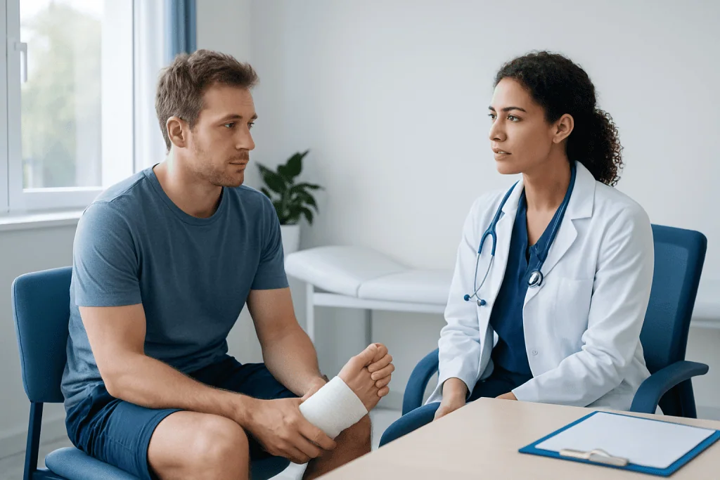 Doctor examining patient's ankle in a medical consultation room.