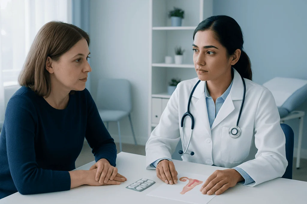 Doctor consulting with patient about antibiotics and yeast infections.