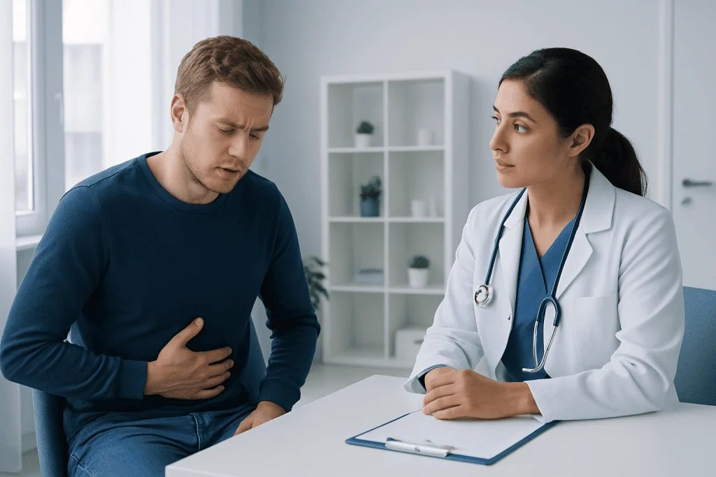 Patient experiencing stomach pain during medical consultation at Acibadem Hospital.