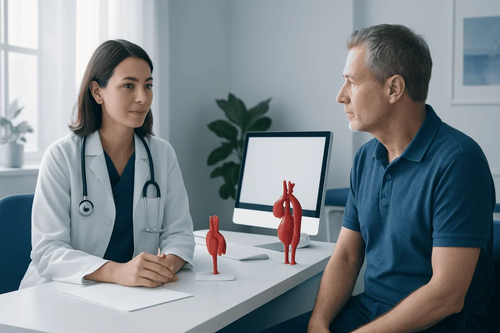 Doctor consulting with a patient about aortic health in a medical office.