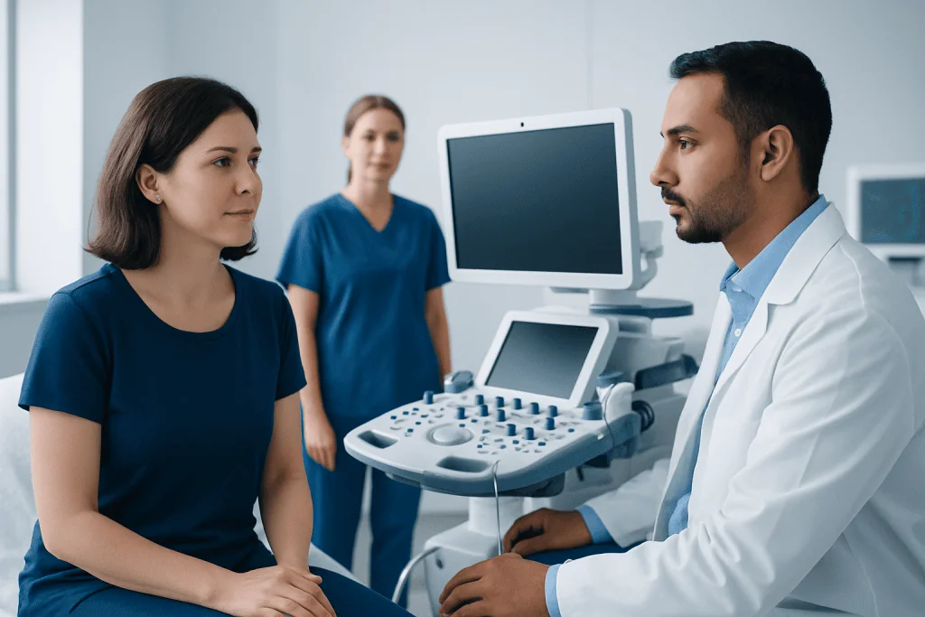Doctor explaining ultrasound results to a patient in a hospital setting.