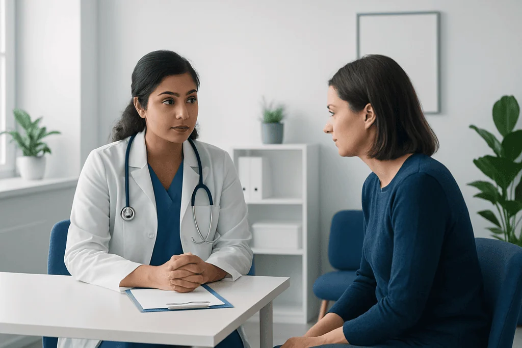 Doctor consulting with a patient in a modern medical office.