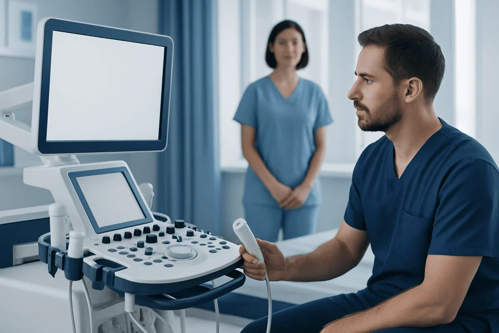Medical professional using ultrasound machine in hospital setting.