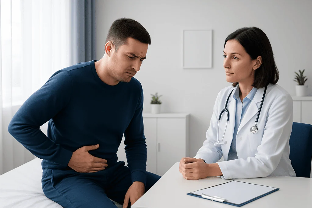 Patient experiencing abdominal pain during medical consultation at Acibadem Hospital.
