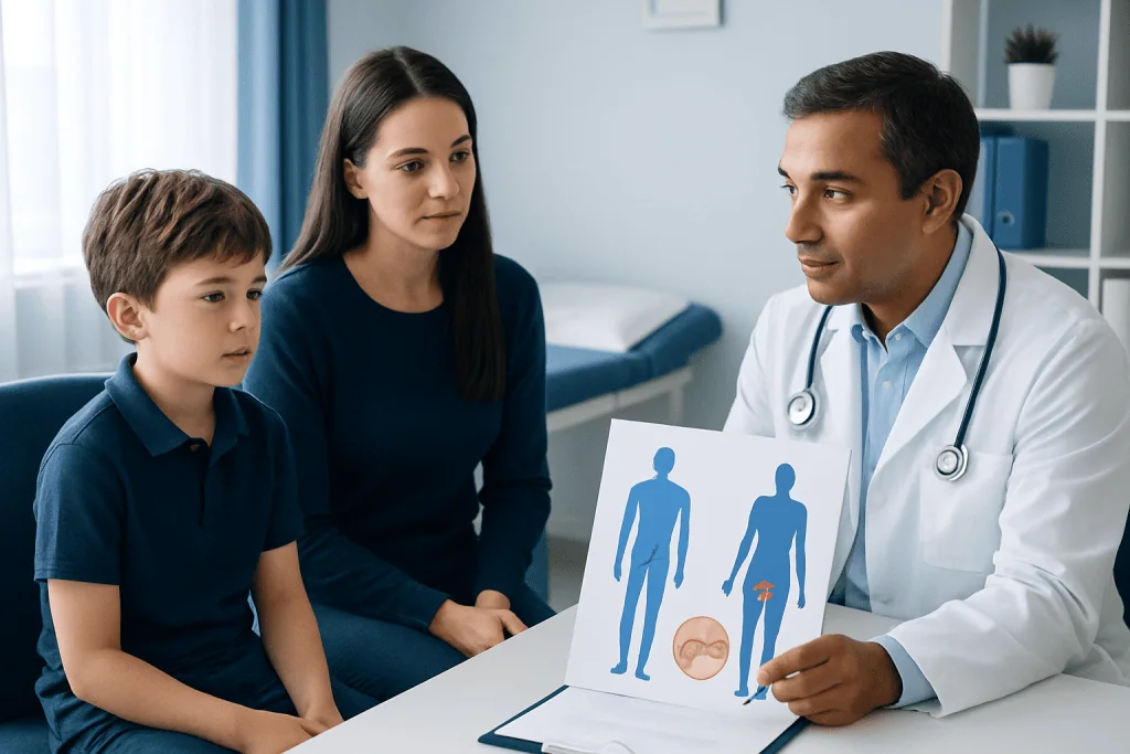 Doctor explaining appendicitis symptoms to a boy and his mother.
