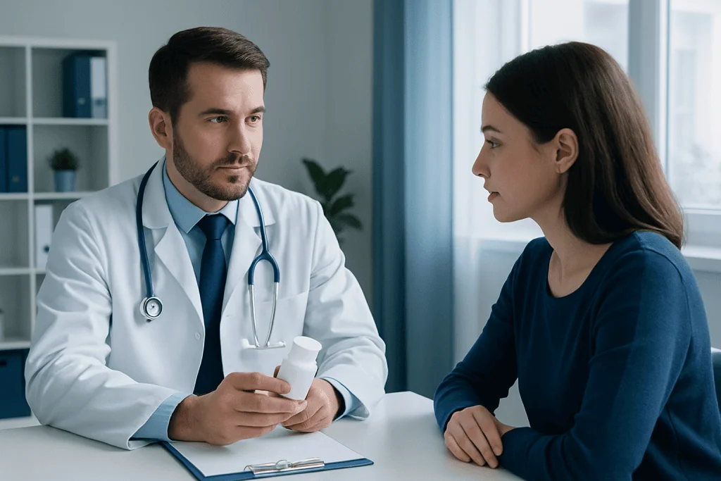 Doctor consulting with a female patient in a medical office.