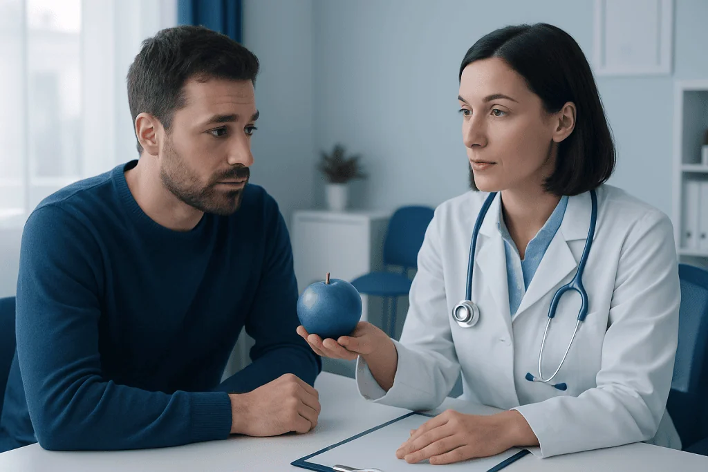 Doctor explaining apple allergy symptoms to patient in consultation room.