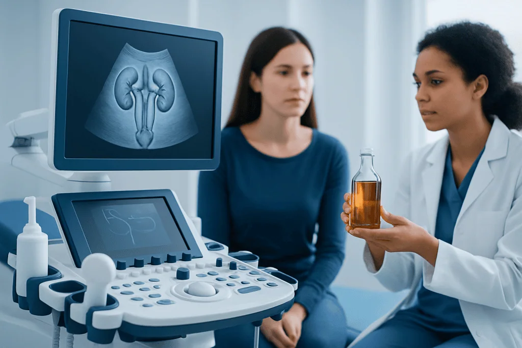 Doctor explains ultrasound scan results to patient in a medical clinic.