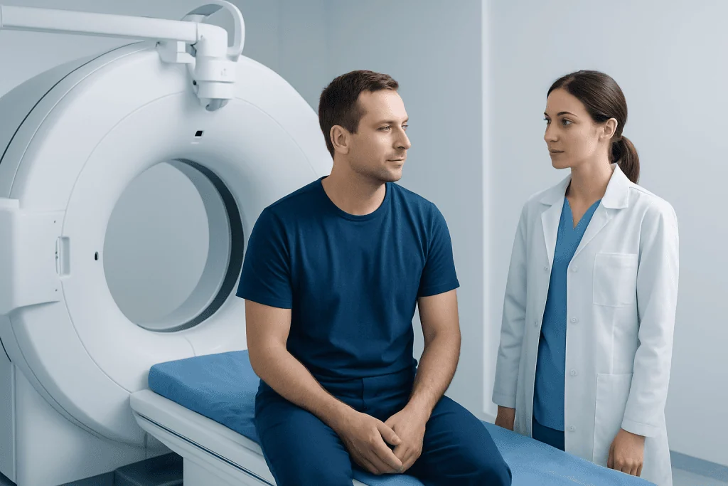 Patient and doctor in MRI scan room at Acibadem Hospital.