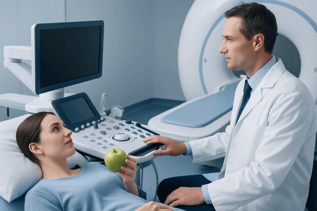 Doctor performing an ultrasound scan on a patient holding an apple.