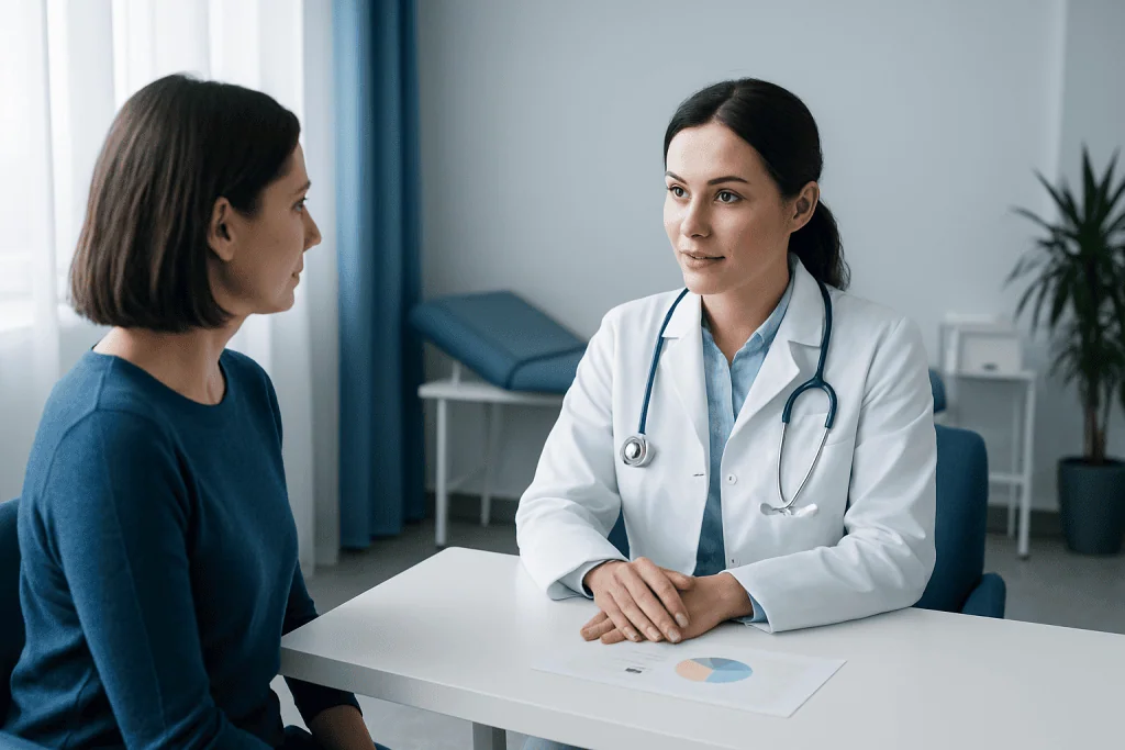 Doctor consulting with a patient in a modern medical office setting.