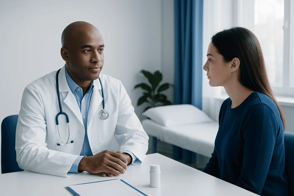 Doctor consulting with a female patient in a modern hospital room.