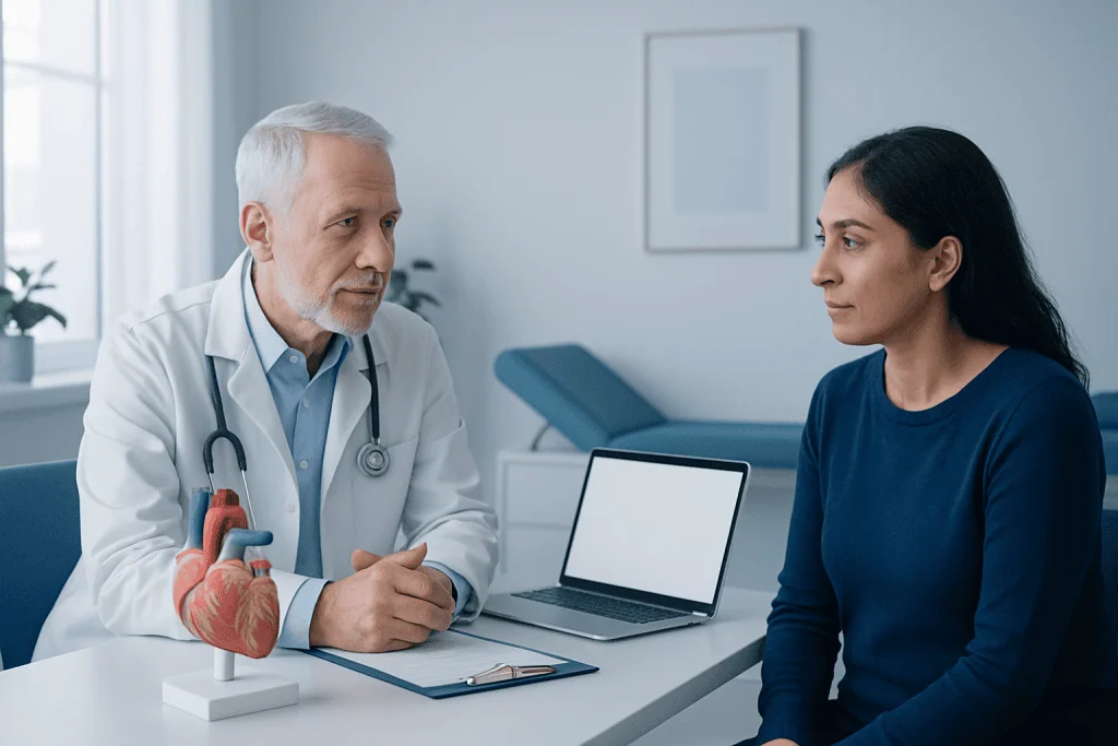 Doctor consulting with a female patient about heart health in a clinic setting.