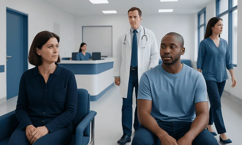 Patients waiting in a hospital corridor with medical staff present.