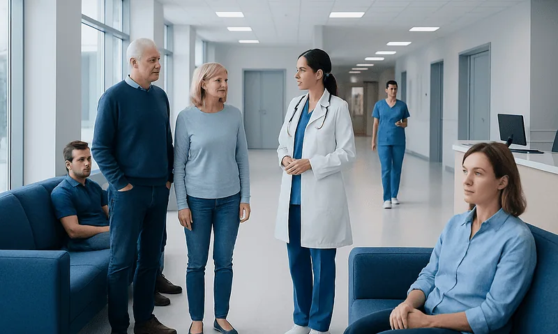 Hospital corridor with medical staff and patients in a modern healthcare facility.