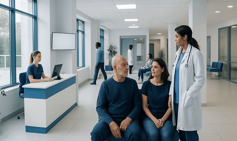 Patients consulting with a doctor in a modern hospital lobby.