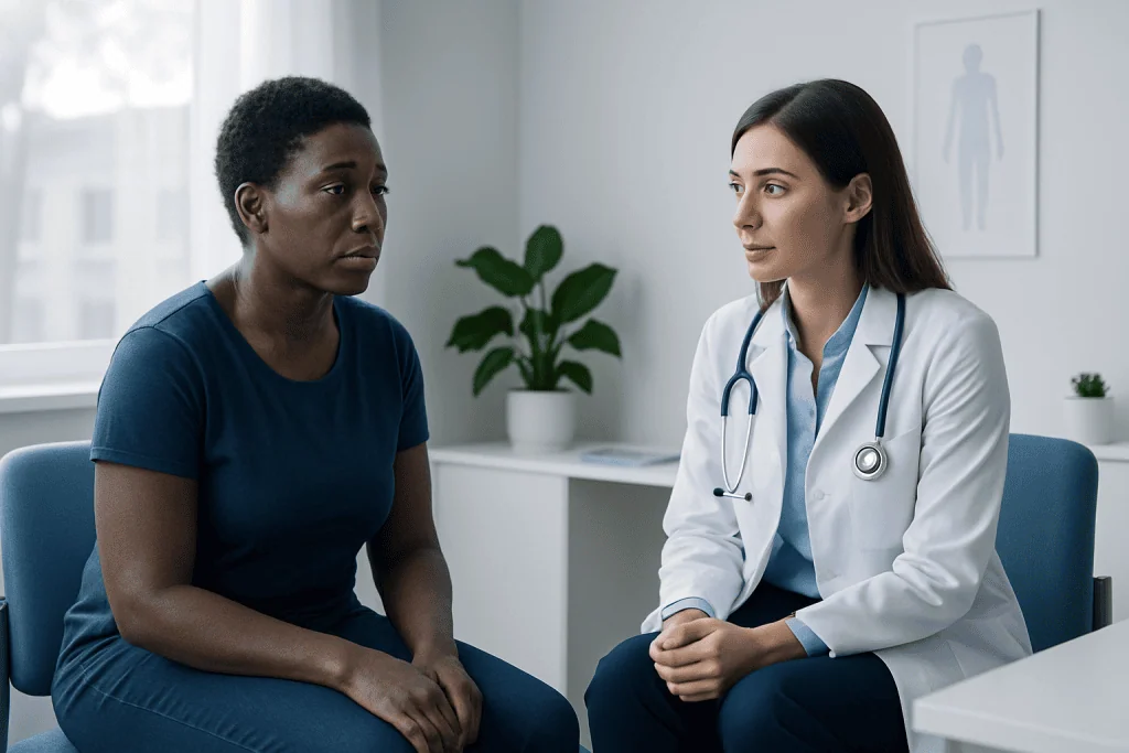Doctor consulting with patient about skin health in a clinical setting.