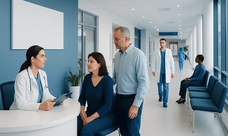 Patients consulting with a doctor in a modern hospital corridor.