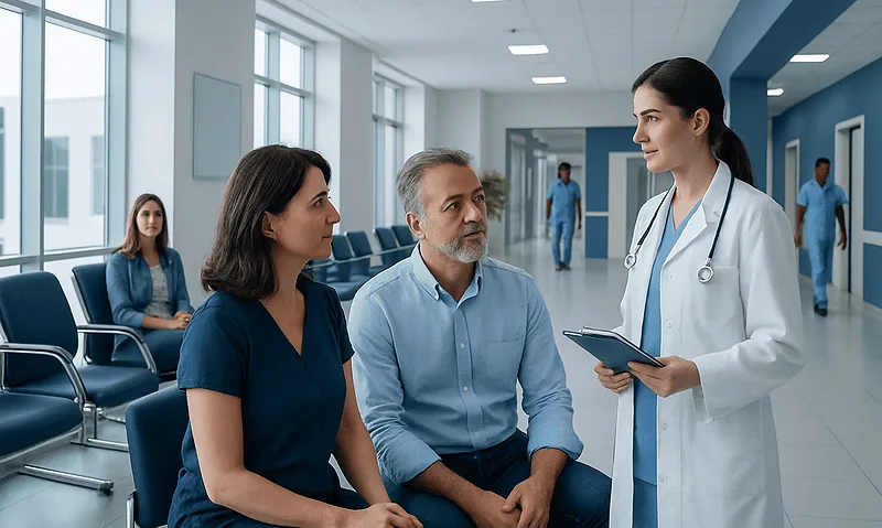 Doctor discussing treatment options with patients in hospital corridor.