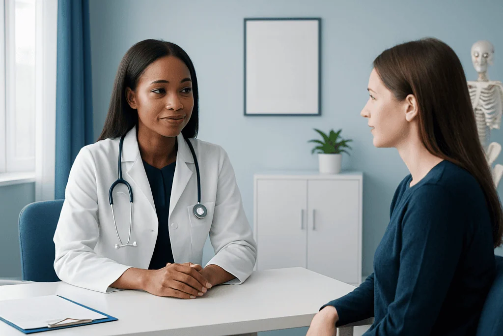 Doctor consulting with a patient in a modern medical office.
