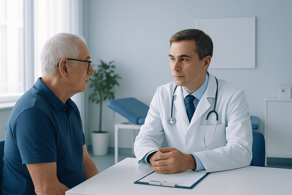 Doctor consulting with an elderly male patient in a hospital room.