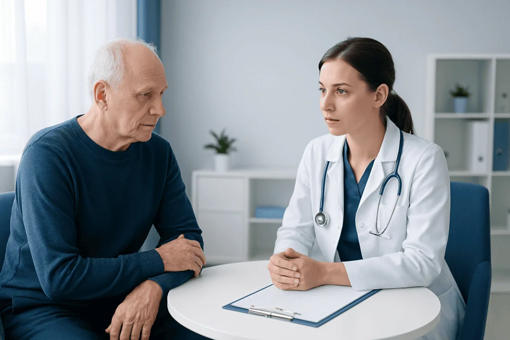 Doctor consulting with elderly male patient in a modern clinic setting.