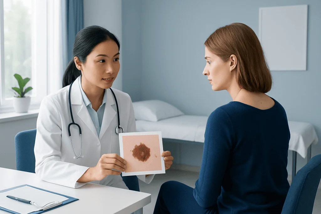 Dermatologist explains atypical mole to patient in consultation room.