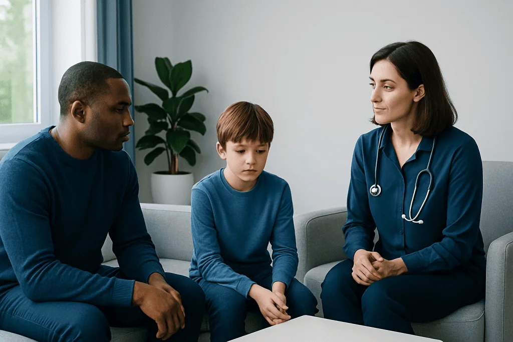 Doctor consulting with a young boy and his father in a medical office.
