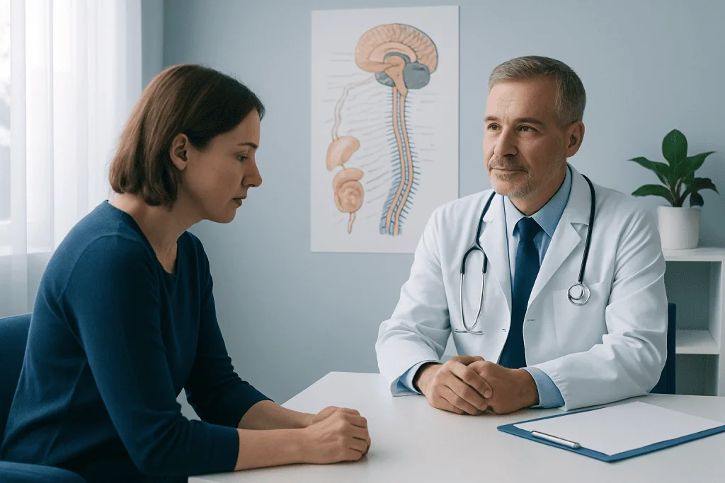 Doctor consulting a patient about the nervous system in a medical office.