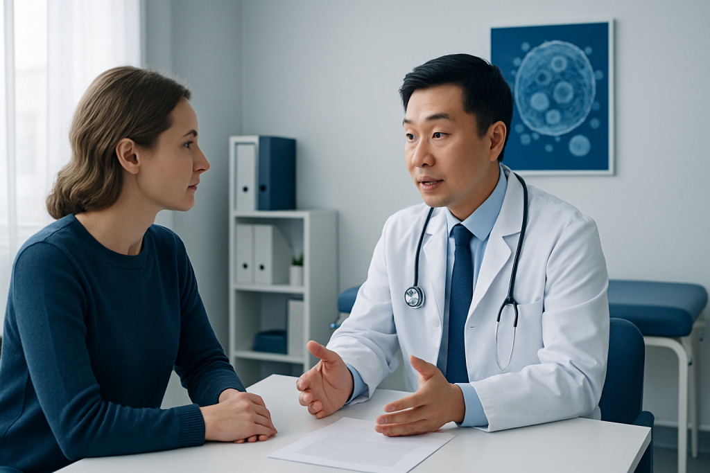Doctor explaining health information to a female patient in a clinic setting.