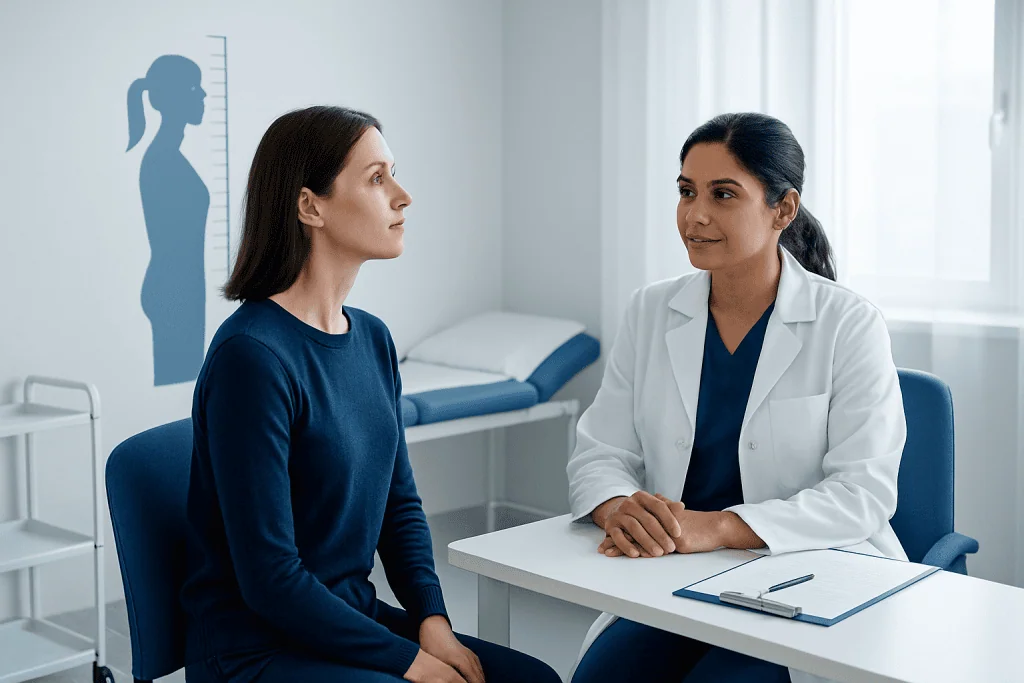 Doctor consulting female patient in a medical office with height chart in background.