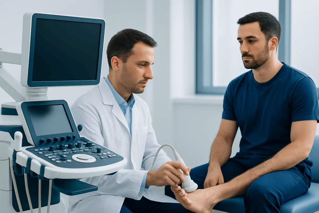 Doctor performing a foot examination on a male patient in a medical clinic.
