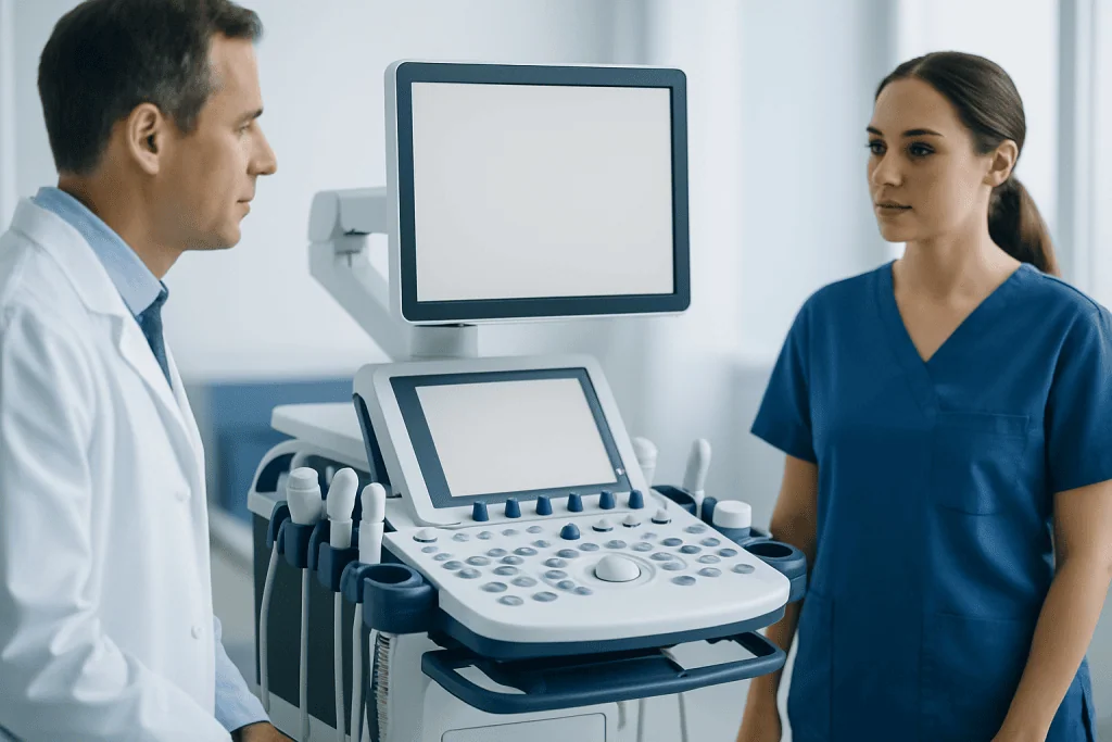 Medical consultation with ultrasound equipment at Acibadem Hospitals Group.