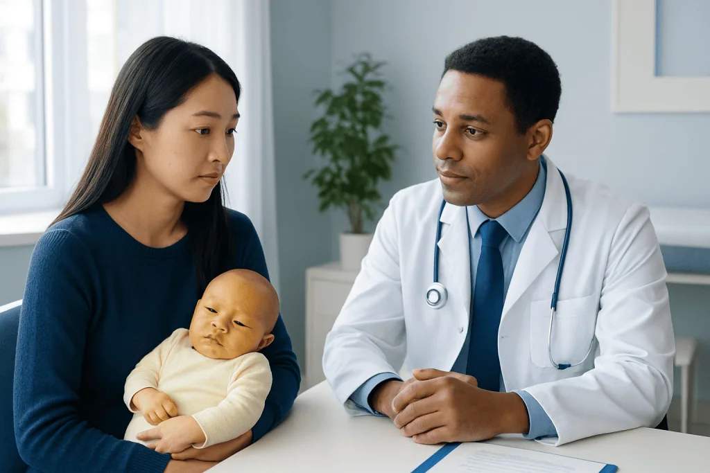 Doctor consulting with mother and baby in a hospital setting.