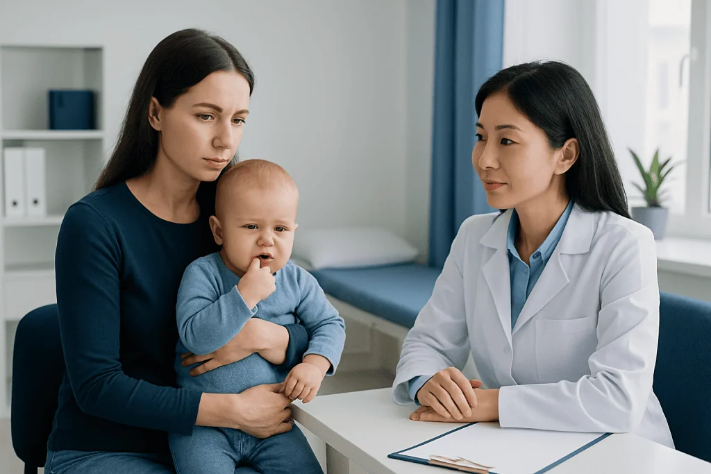 Pediatric consultation at Acibadem Hospital with mother and doctor.