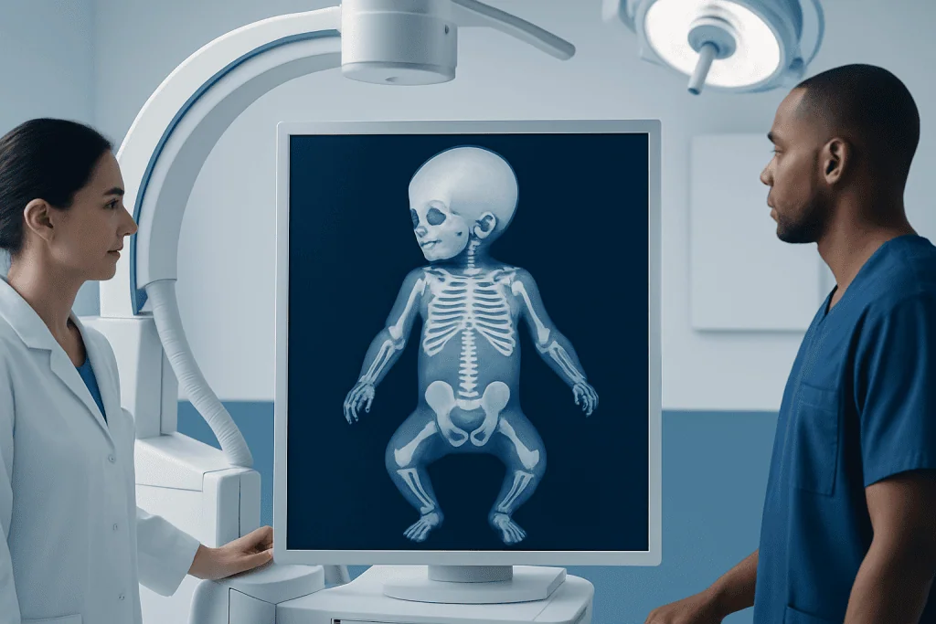Medical professionals review a pediatric skeleton X-ray in a hospital setting.