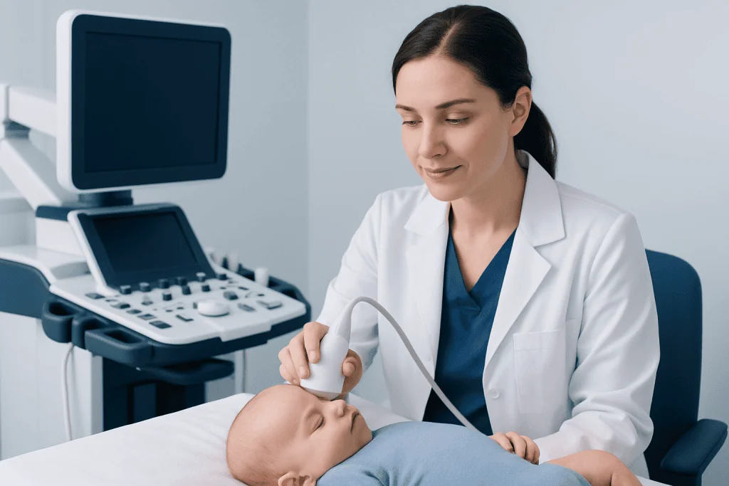 Medical professional performing an ultrasound on a baby in a clinical setting.
