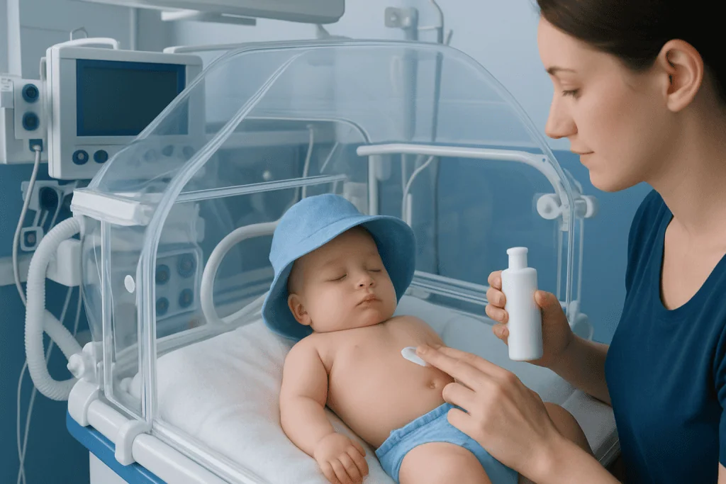 Baby in incubator with healthcare professional applying ointment.