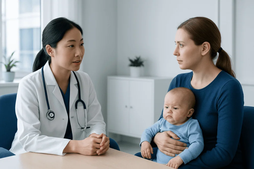 Pediatric consultation with a doctor and mother holding a baby in a clinic.