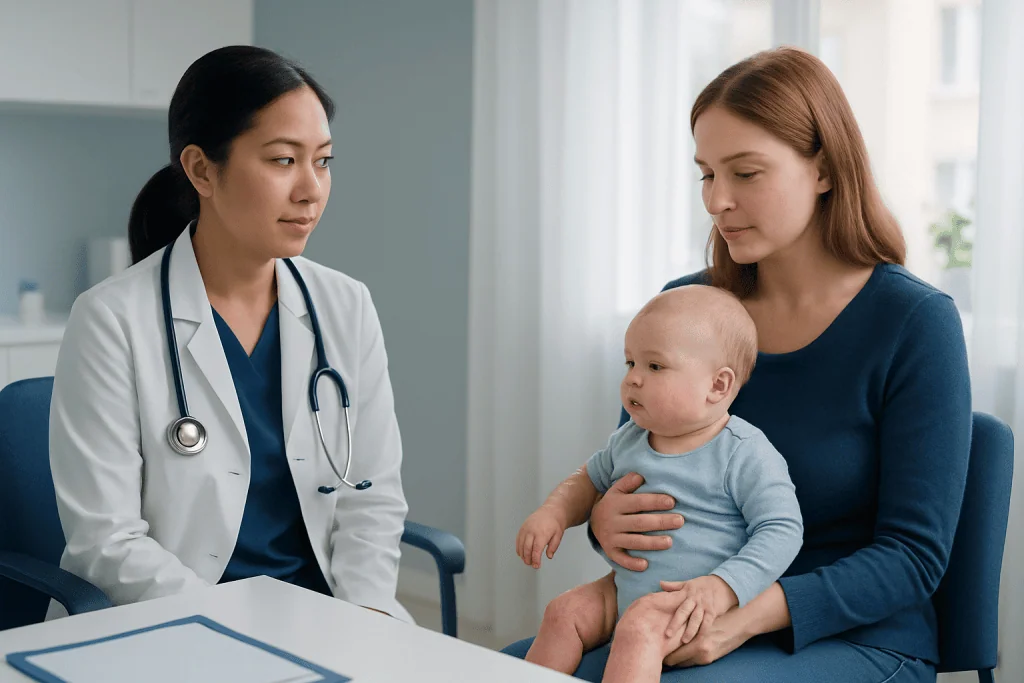 Pediatric consultation with a doctor and mother holding a baby in a clinic.