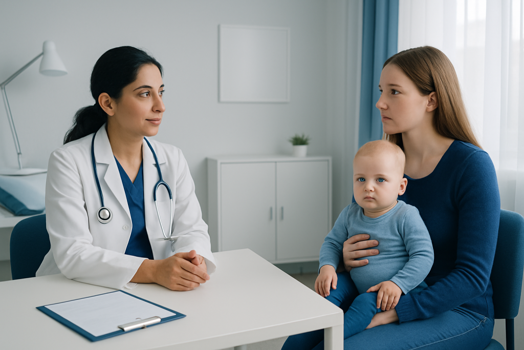 Pediatric consultation at Acibadem Hospital with doctor and mother with baby.