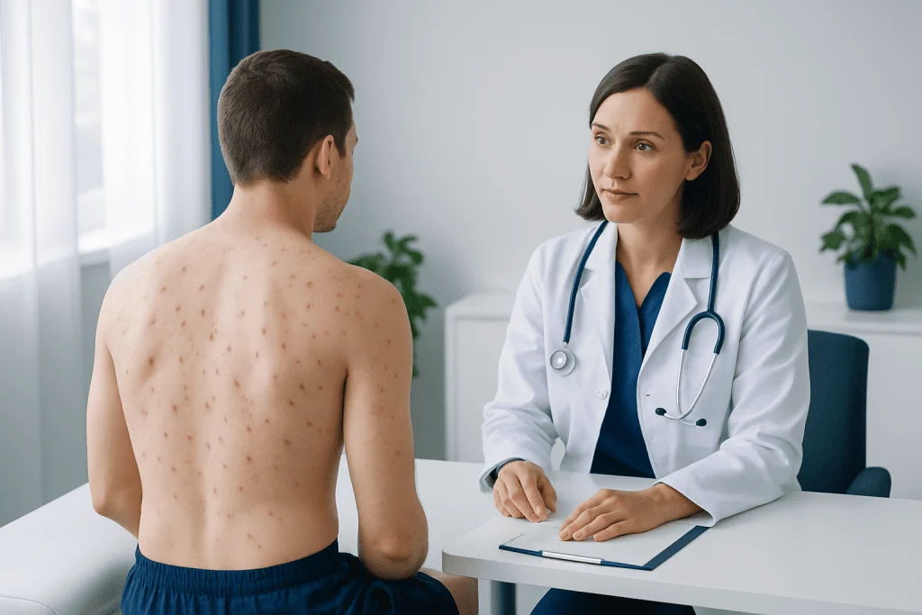 Doctor consulting with patient about back acne treatment options.