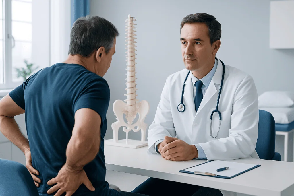 Doctor consulting with a patient about back pain at a medical clinic.