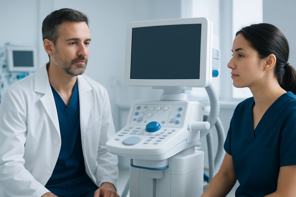 Medical professionals discussing patient care with ultrasound machine in background.