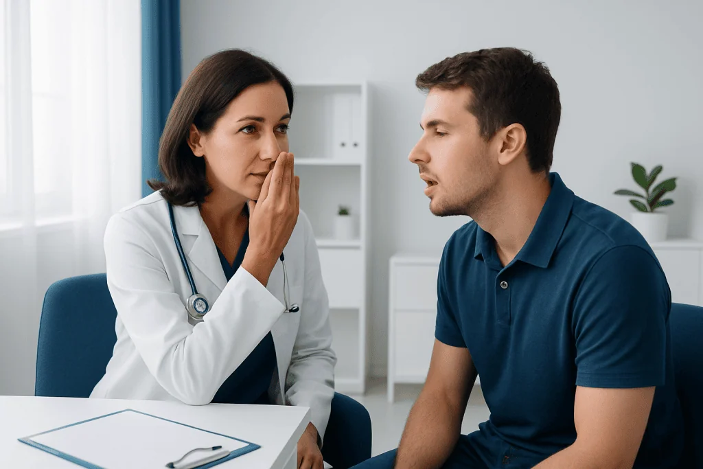 Doctor discussing bad breath causes with patient in clinic.