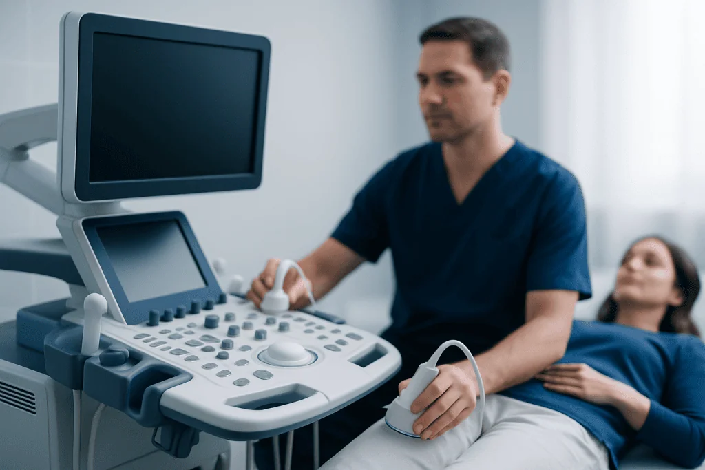 Doctor performing an ultrasound examination on a patient in a hospital.