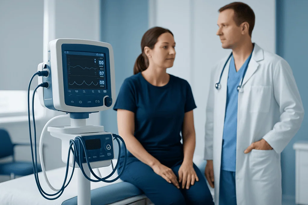Doctor and patient discussing health monitoring in hospital room.