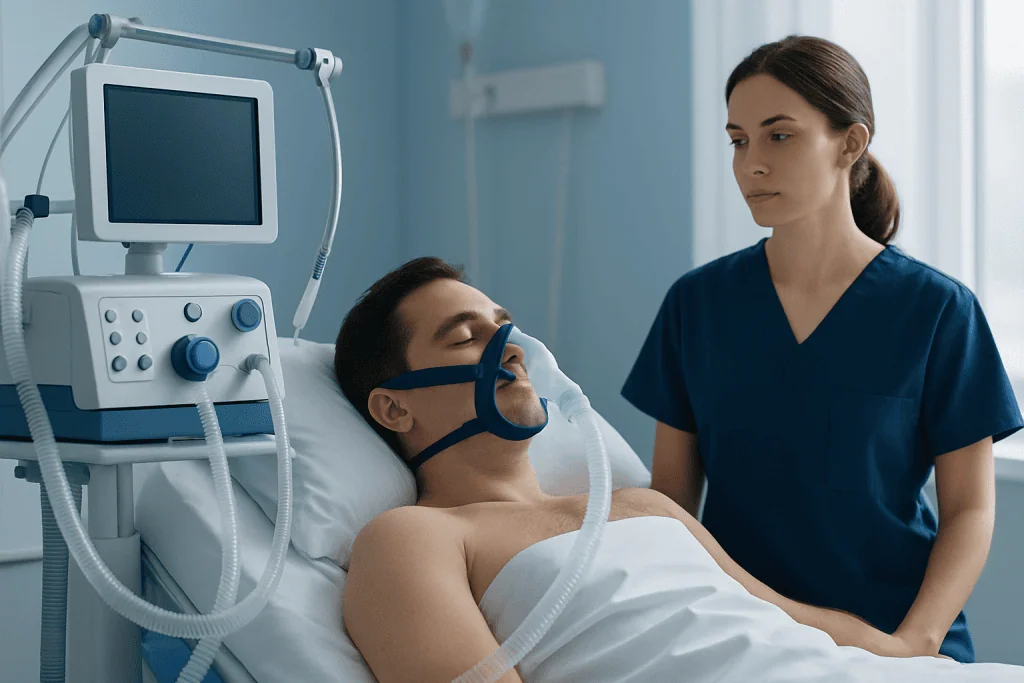 Patient in hospital bed with ventilator and medical staff nearby.