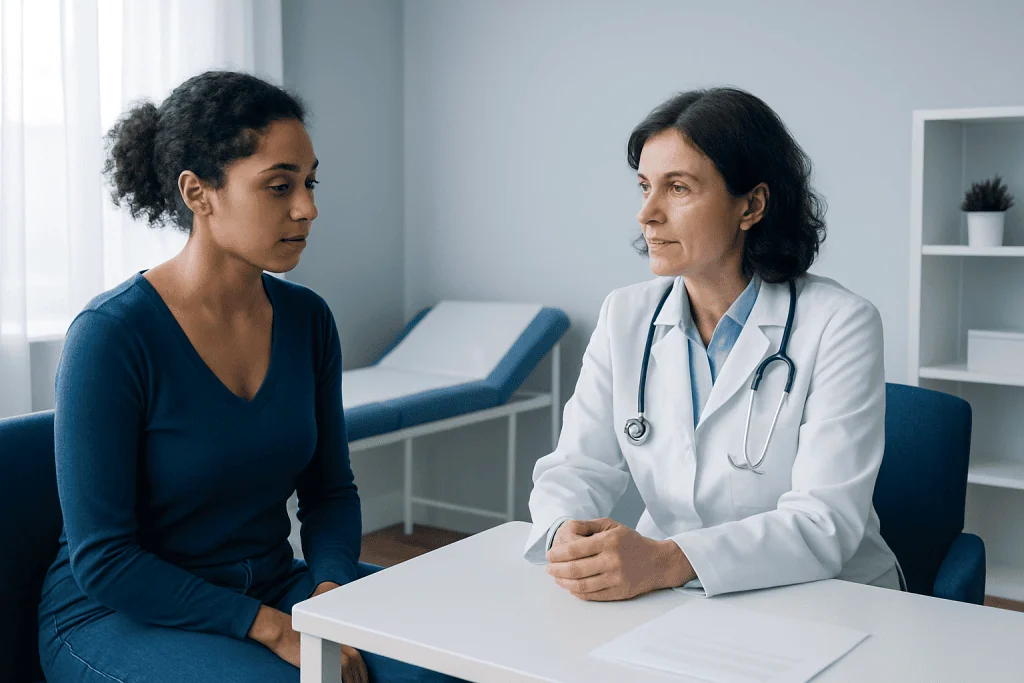 Doctor consulting with a patient in a medical office setting.