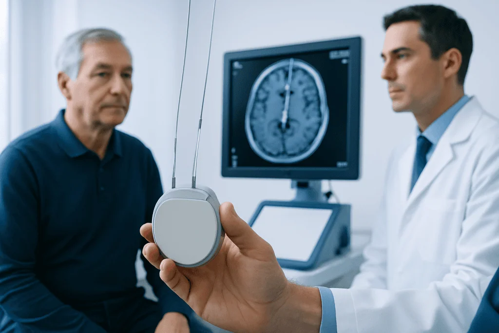 Doctor explains deep brain stimulation device to patient in hospital setting.